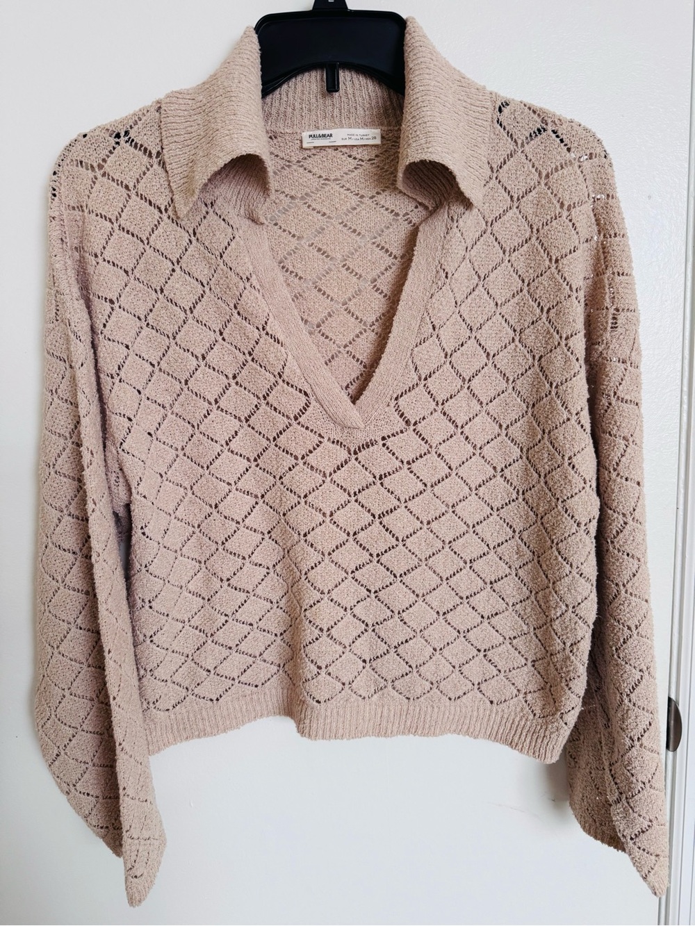 Pull&Bear Beige Open-Knit V-Neck Collared Sweater, M 🦋